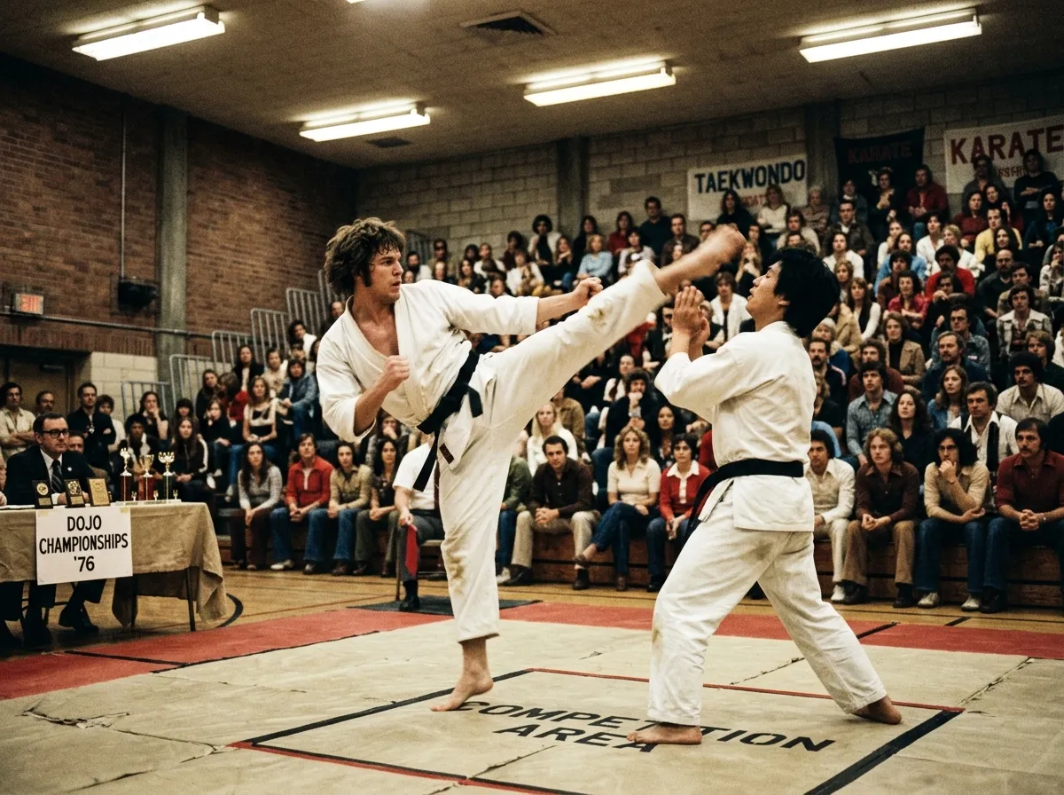 Martial arts tournament scene from the 1970s with competitors and spectators