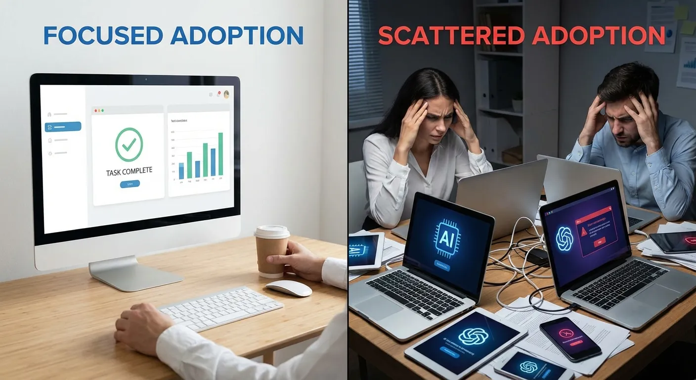 Comparison of focused AI use vs tool overload