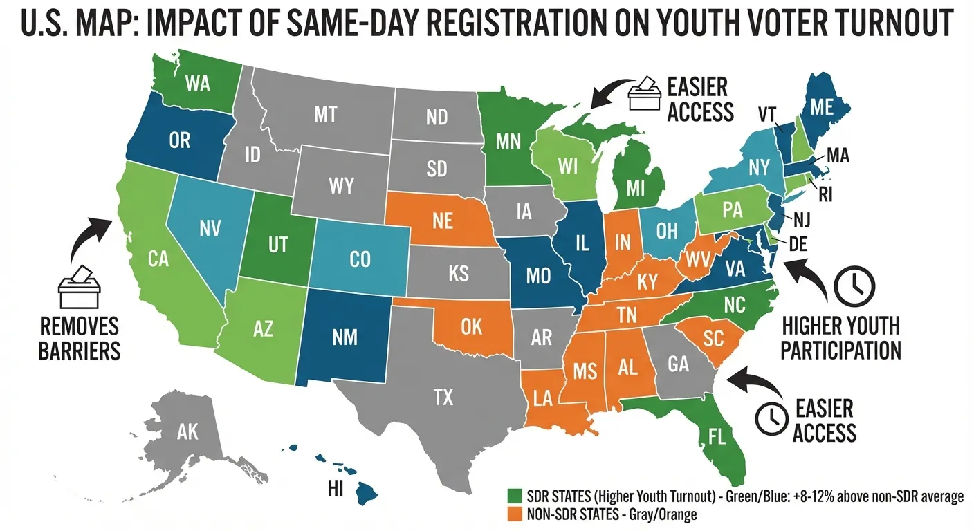 Map showing states with Same-Day Registration and their youth voter turnout rates