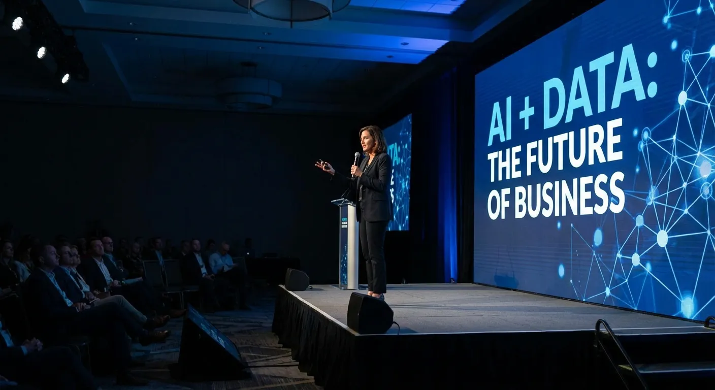 IBM CEO Arvind Krishna presenting at a corporate event with AI graphics in background