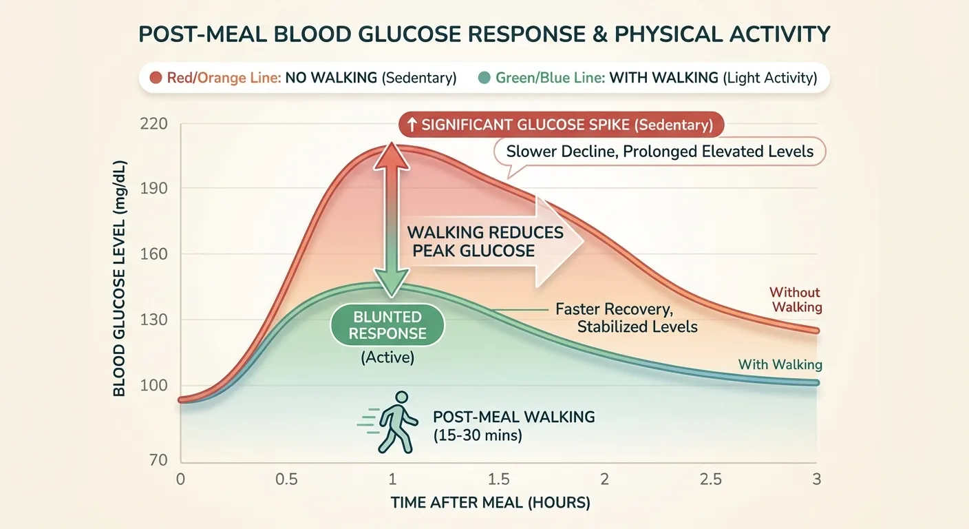 Graph showing blood glucose response with and without post-meal walking