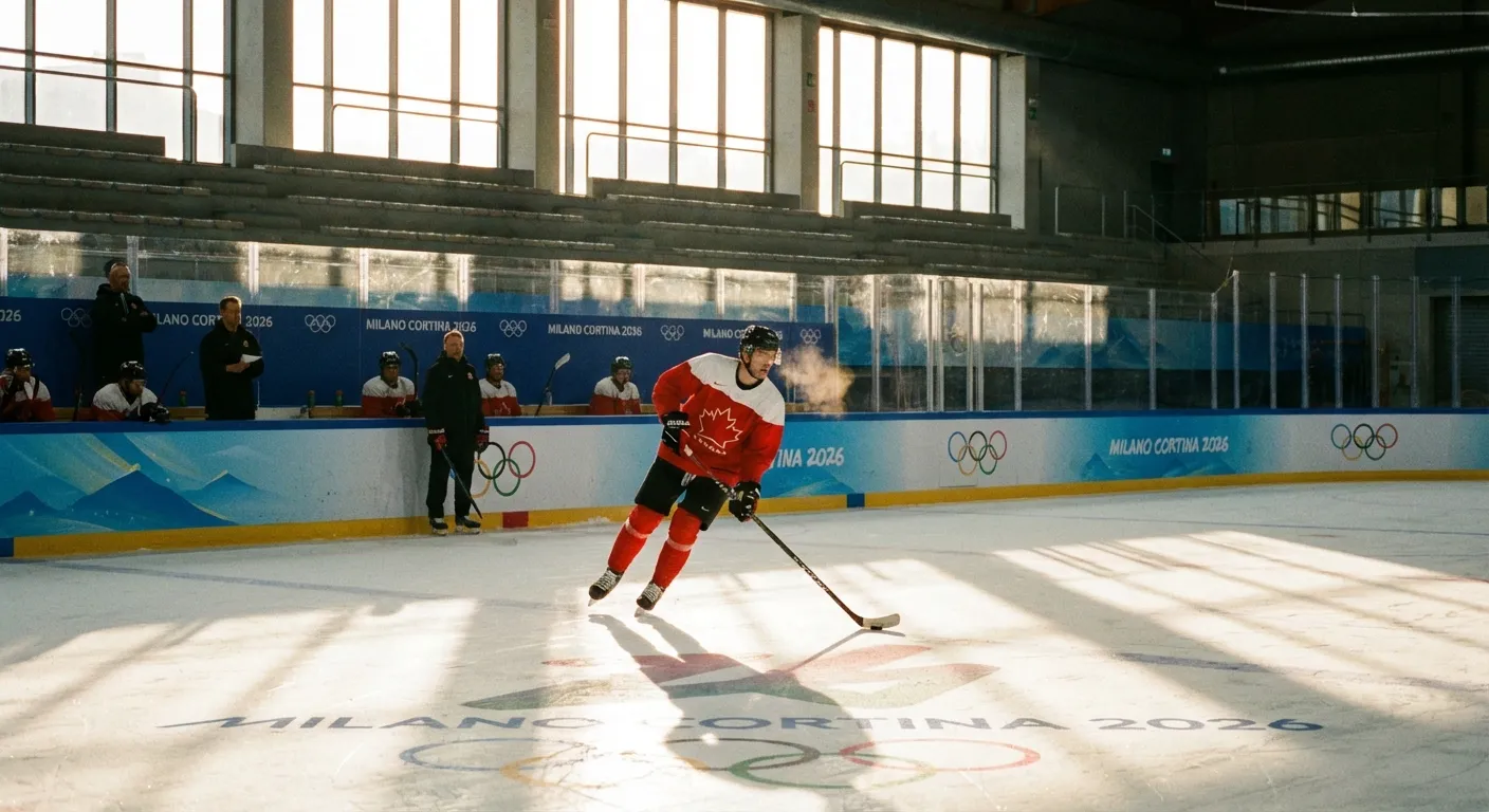 Hockey player in a Team Canada jersey skating during Olympic practice with Olympic signage