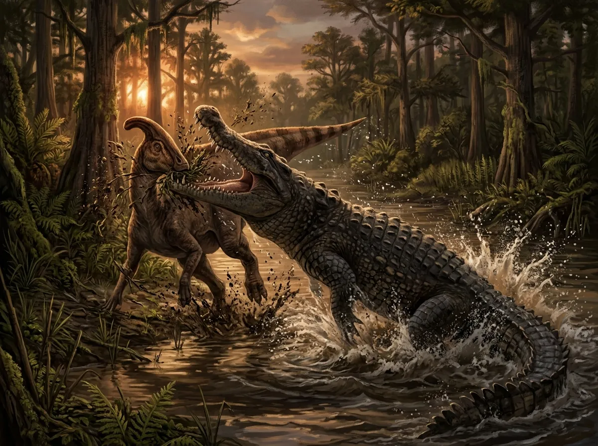 Artistic reconstruction of Deinosuchus ambushing a duck-billed dinosaur at a riverbank