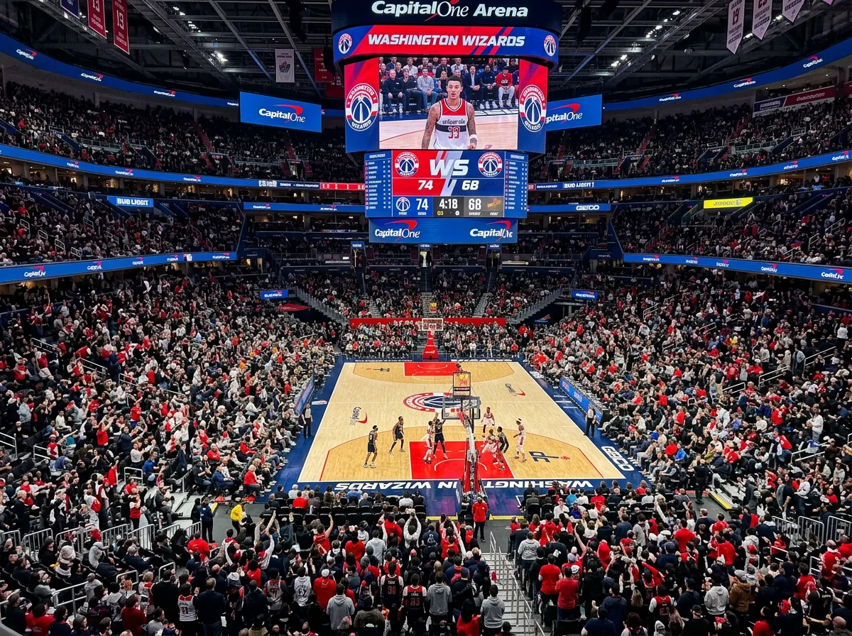 Capital One Arena interior during Wizards game with fans in the stands