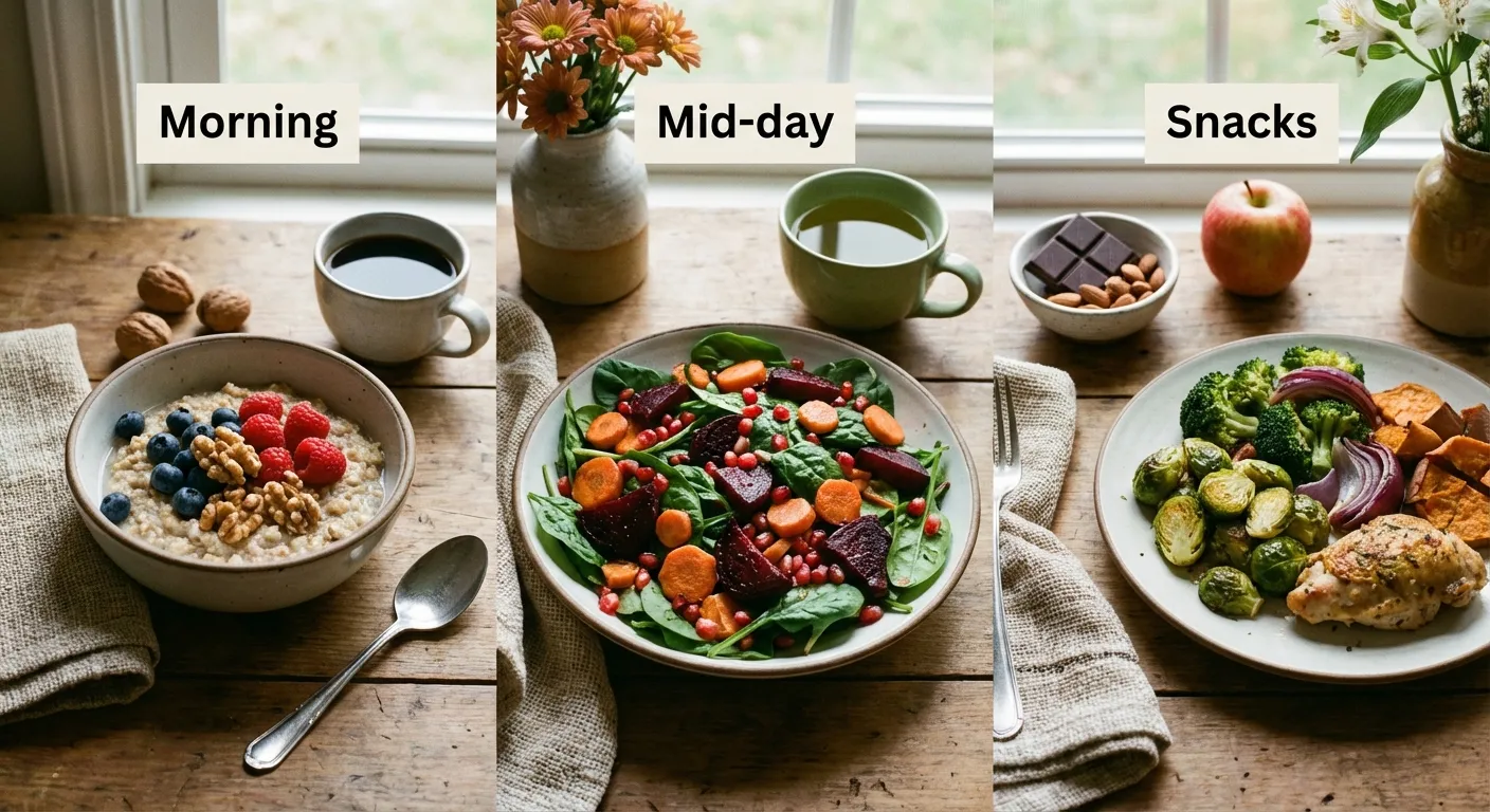 Example of a colorful, polyphenol-rich daily meal spread