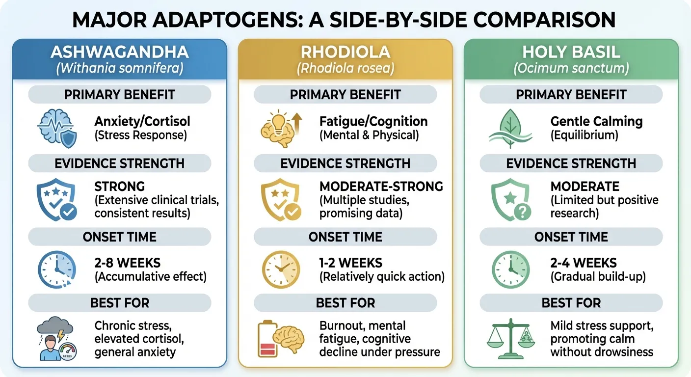Comparison chart showing primary benefits and evidence strength for ashwagandha, rhodiola, and holy basil