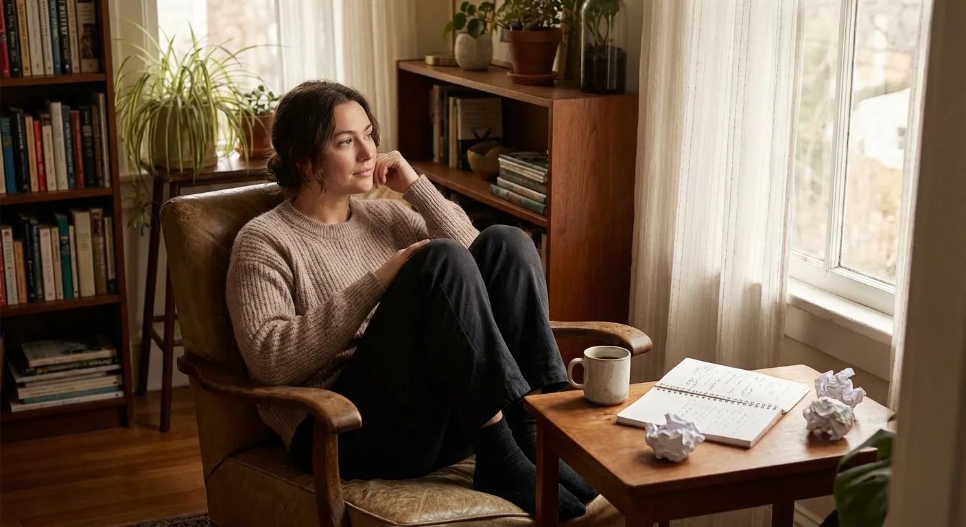 Person reflecting peacefully after making a mistake, showing acceptance rather than harsh self-judgment