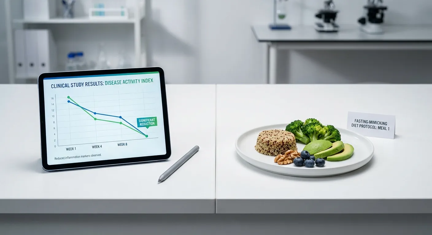 Clean laboratory setting with clinical trial data charts and healthy food on a white surface