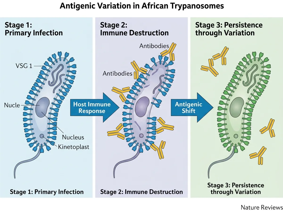 Diagram showing a parasite cell covered in dense protein coat switching between different disguises