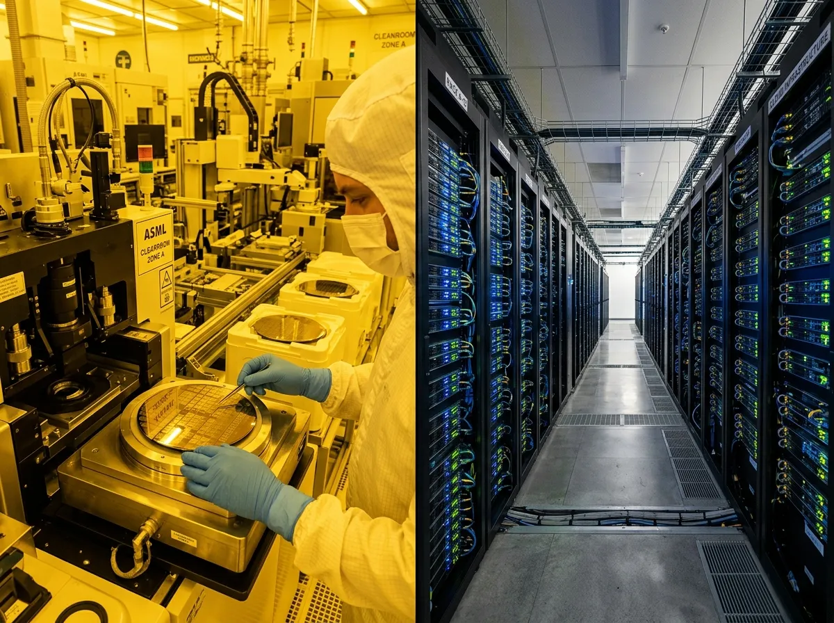 A split screen showing semiconductor fabrication on one side and AI data center servers on the other