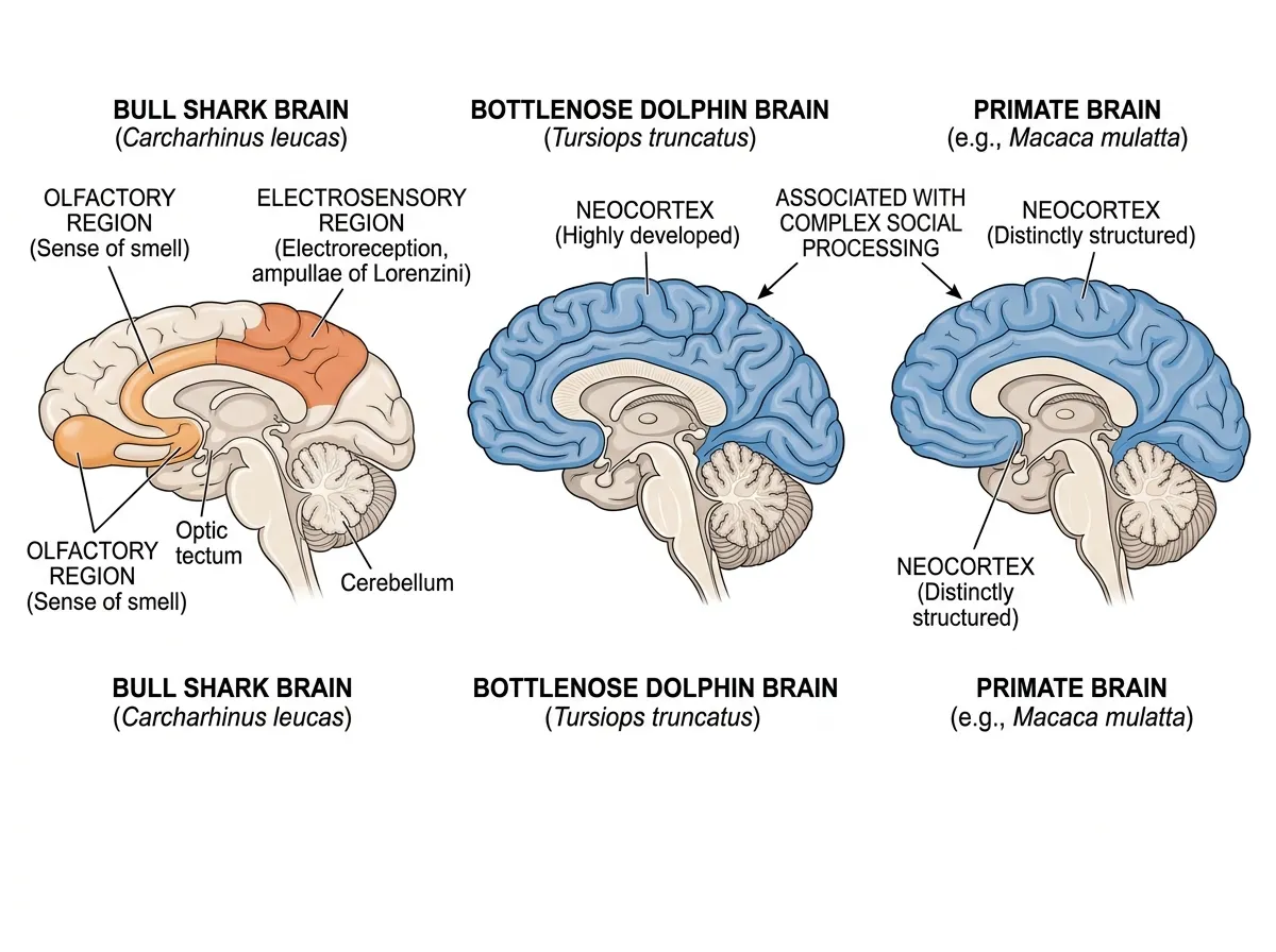 Diagram comparing brain structures of a shark, dolphin, and primate highlighting social processing regions