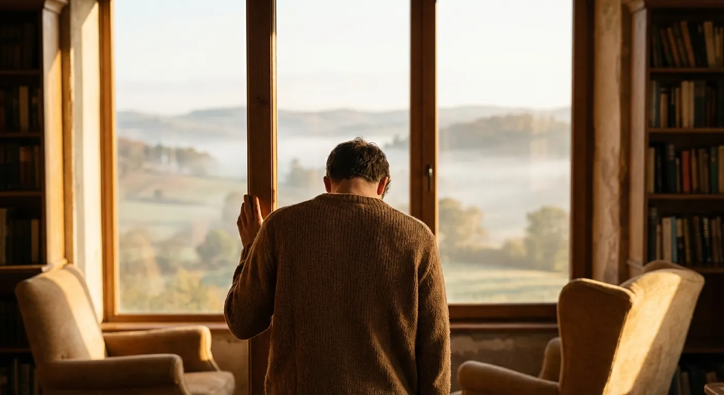Person standing at a window looking out at a new landscape while touching the frame