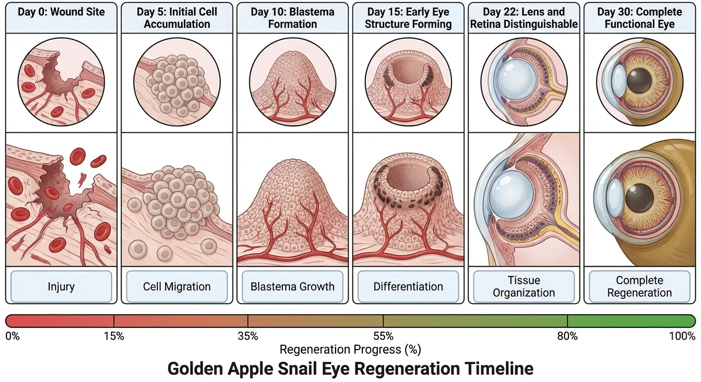 Timeline showing stages of eye regeneration in golden apple snail over 30 days