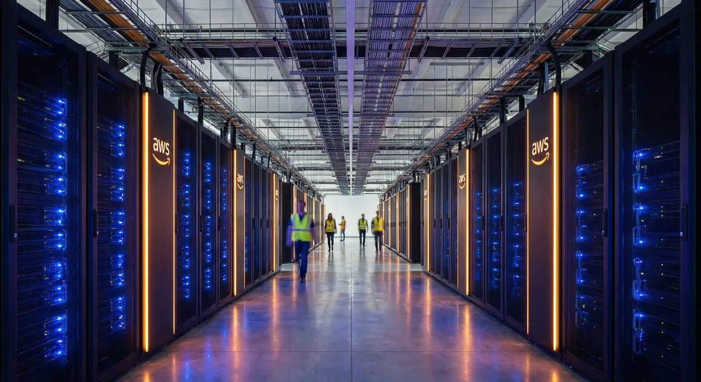 AWS data center interior with rows of server racks lit in orange