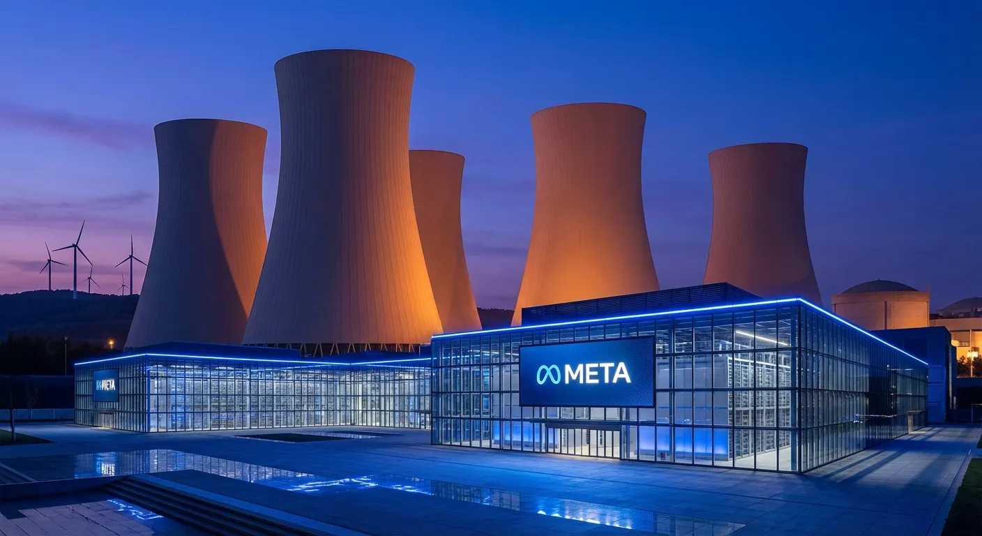 Modern nuclear power plant cooling towers with Meta logo overlay and data center in foreground