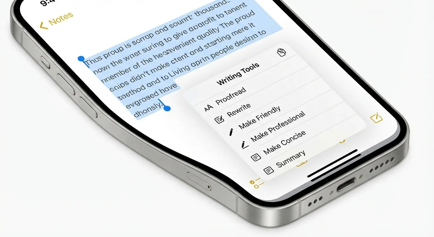 iPhone writing tools menu showing Proofread Rewrite and Summary options