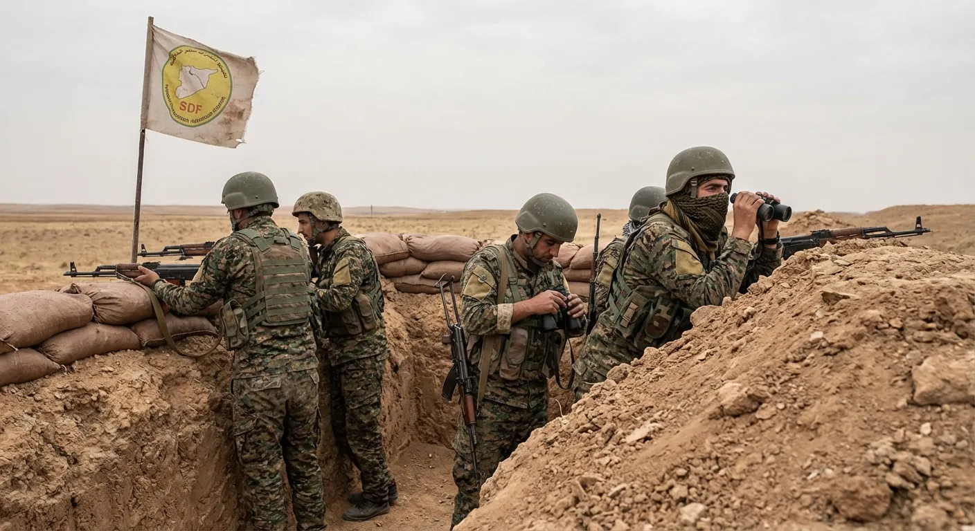 Kurdish SDF fighters at defensive position in northern Syria