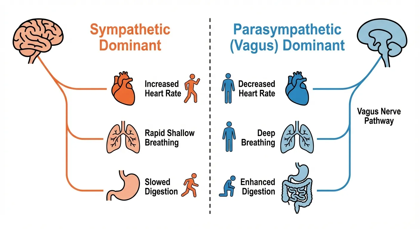 Diagram showing how controlled breathing activates the vagus nerve and shifts nervous system balance