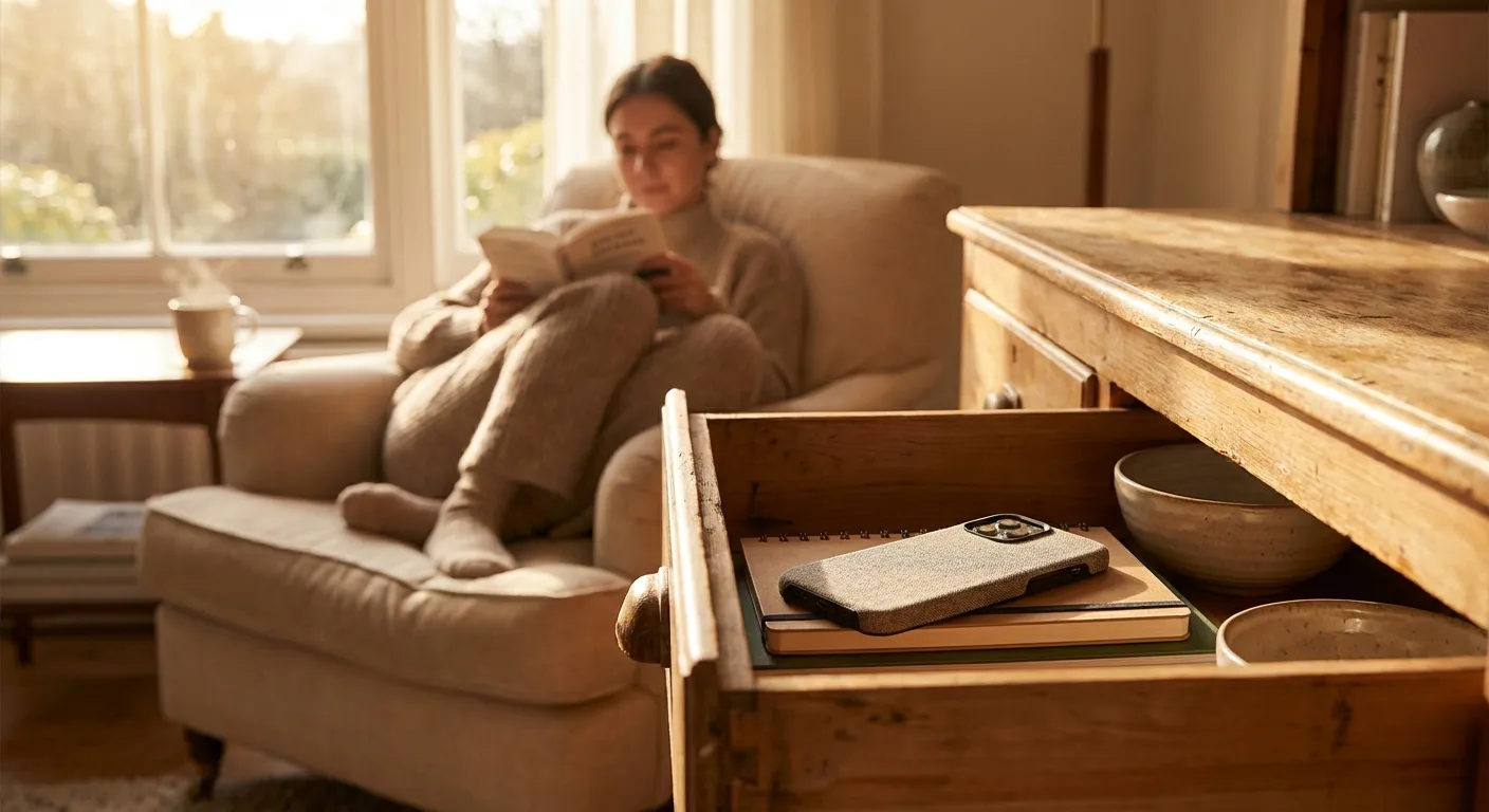 Phone placed in drawer while person reads book in comfortable chair