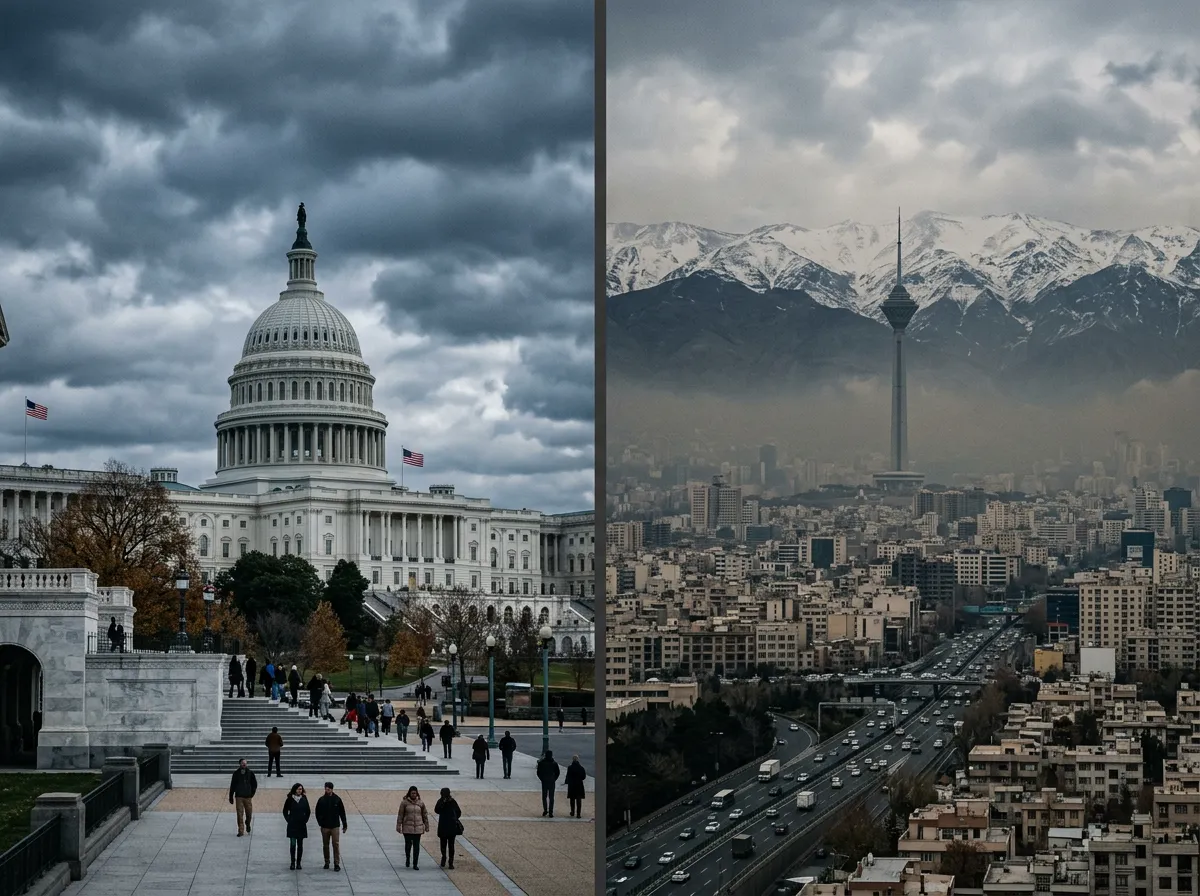 Split view of Washington DC Capitol building and Tehran city skyline