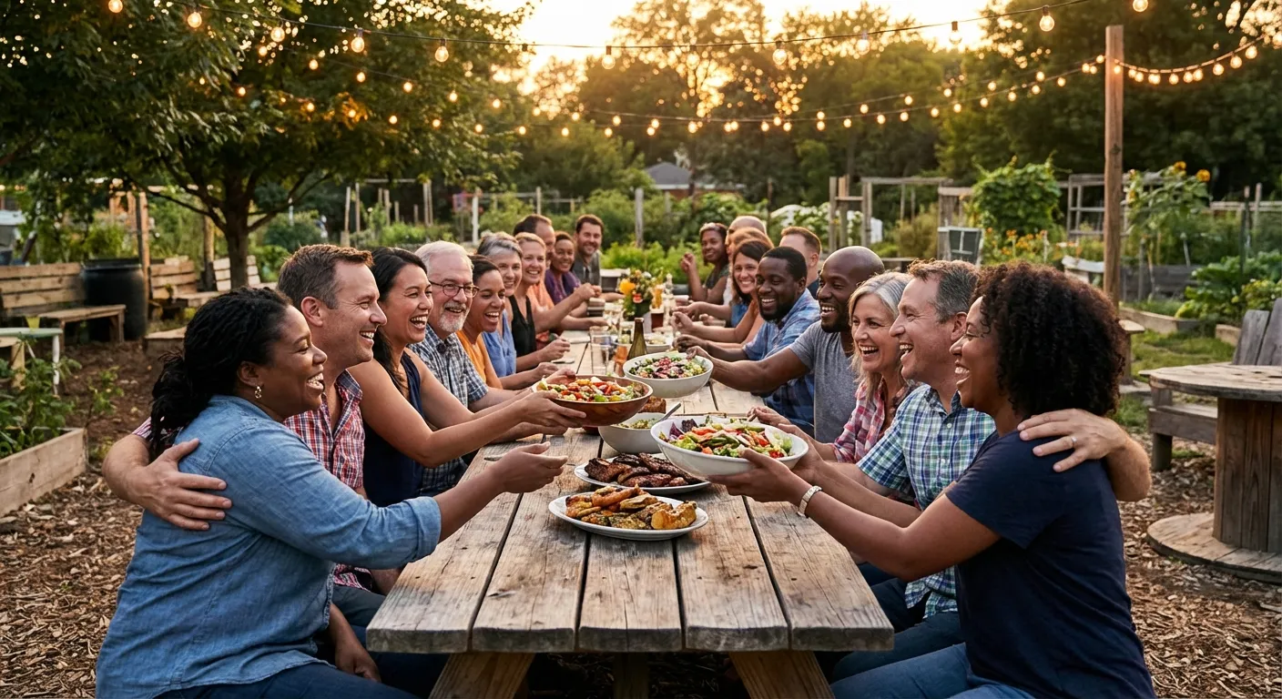 Diverse group of adults laughing together at a community table outdoors