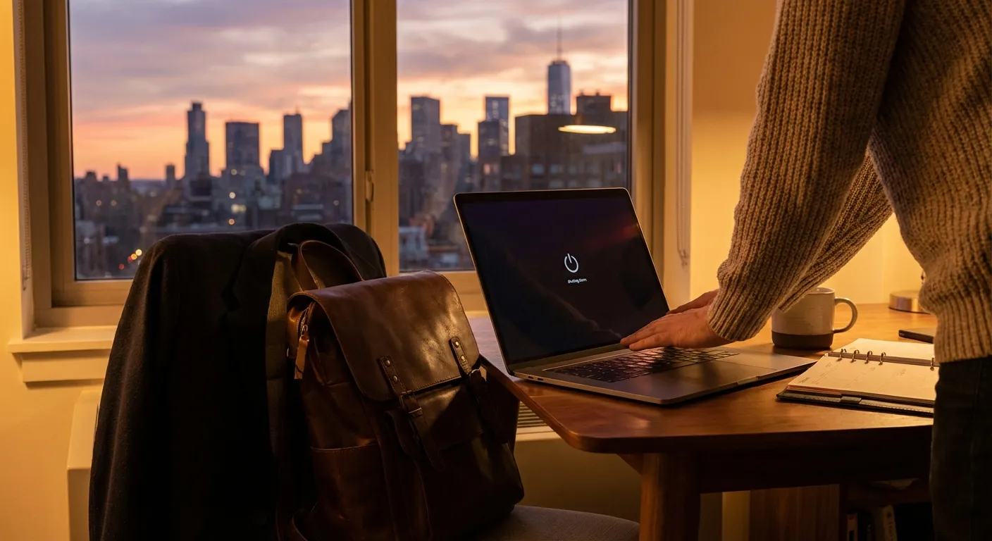Person closing laptop at end of day, evening light, conveying work-life separation