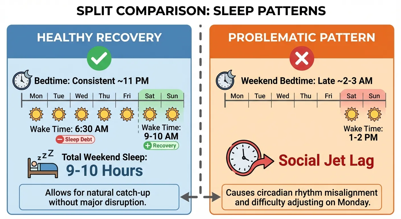 Comparison showing healthy weekend sleep recovery versus unhealthy sleep patterns in teenagers