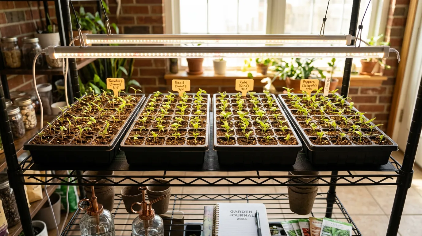 Small seedling trays with young green sprouts under grow lights on a shelf