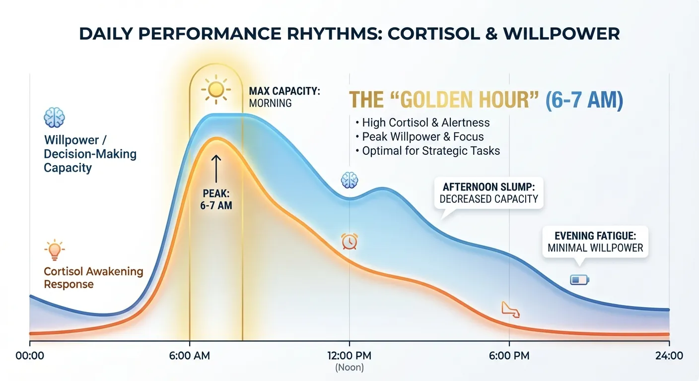 Diagram showing cortisol awakening response and willpower depletion throughout the day