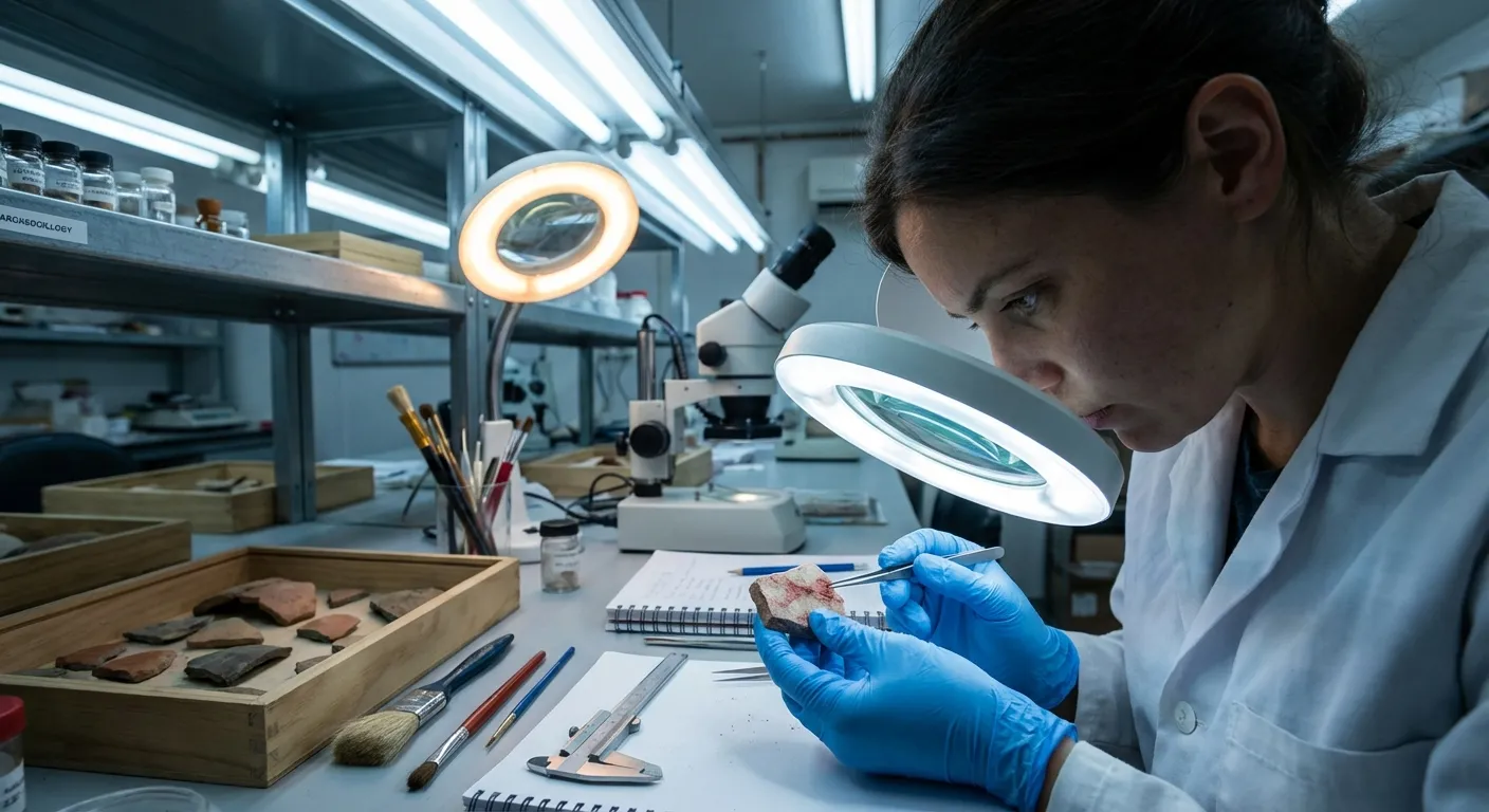 Archaeologist carefully examining an ochre-stained stone artifact under magnification