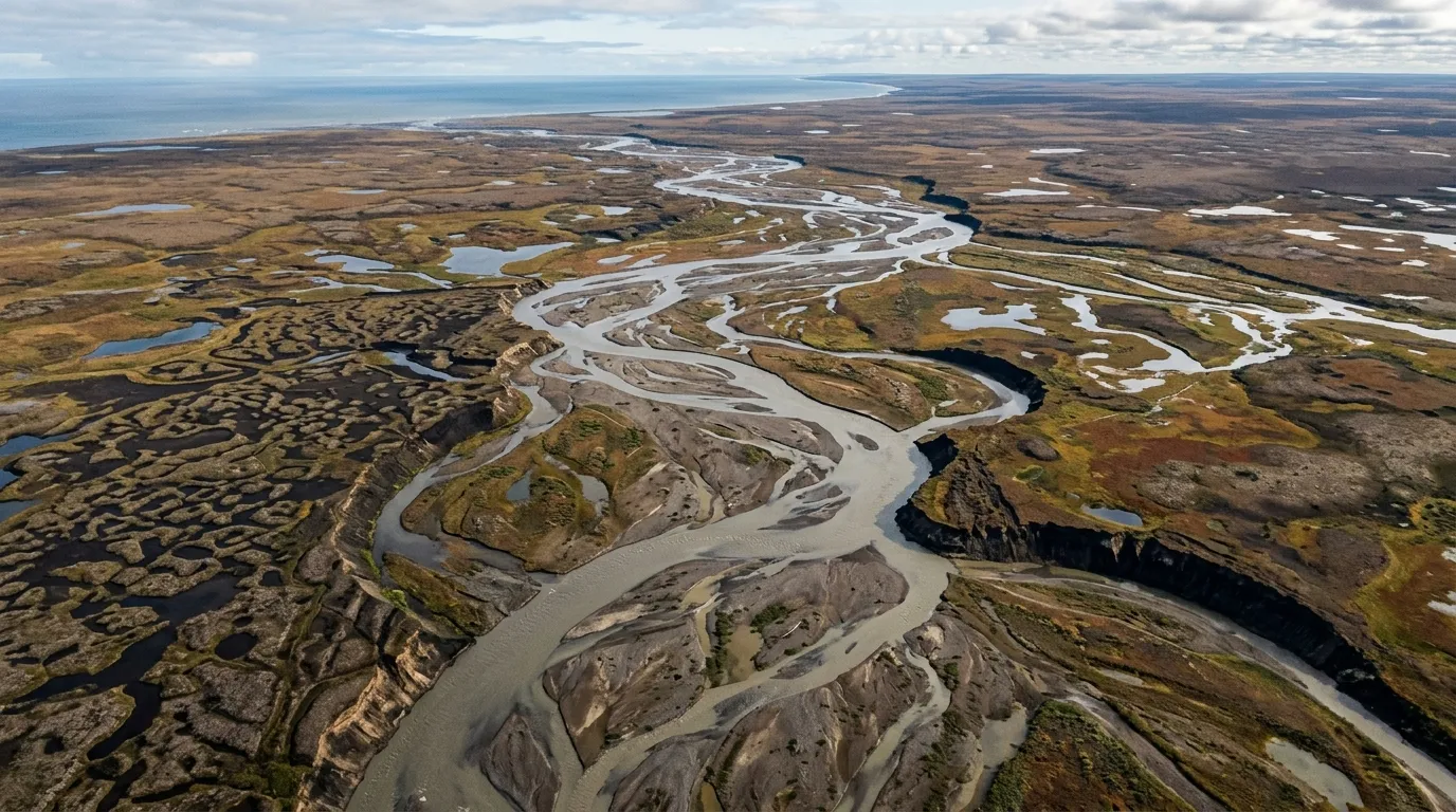 Braided Arctic rivers cutting through thawing tundra on Alaska's North Slope with exposed permafrost layers