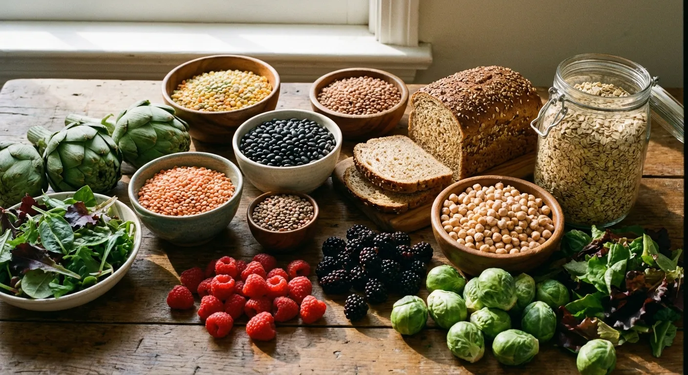 Array of high-fiber foods including beans, whole grains, vegetables, and berries