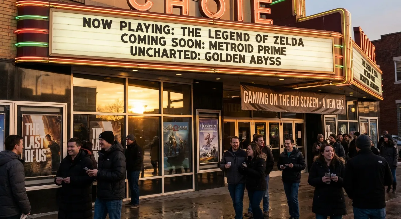 Movie theater marquee displaying upcoming video game adaptation titles