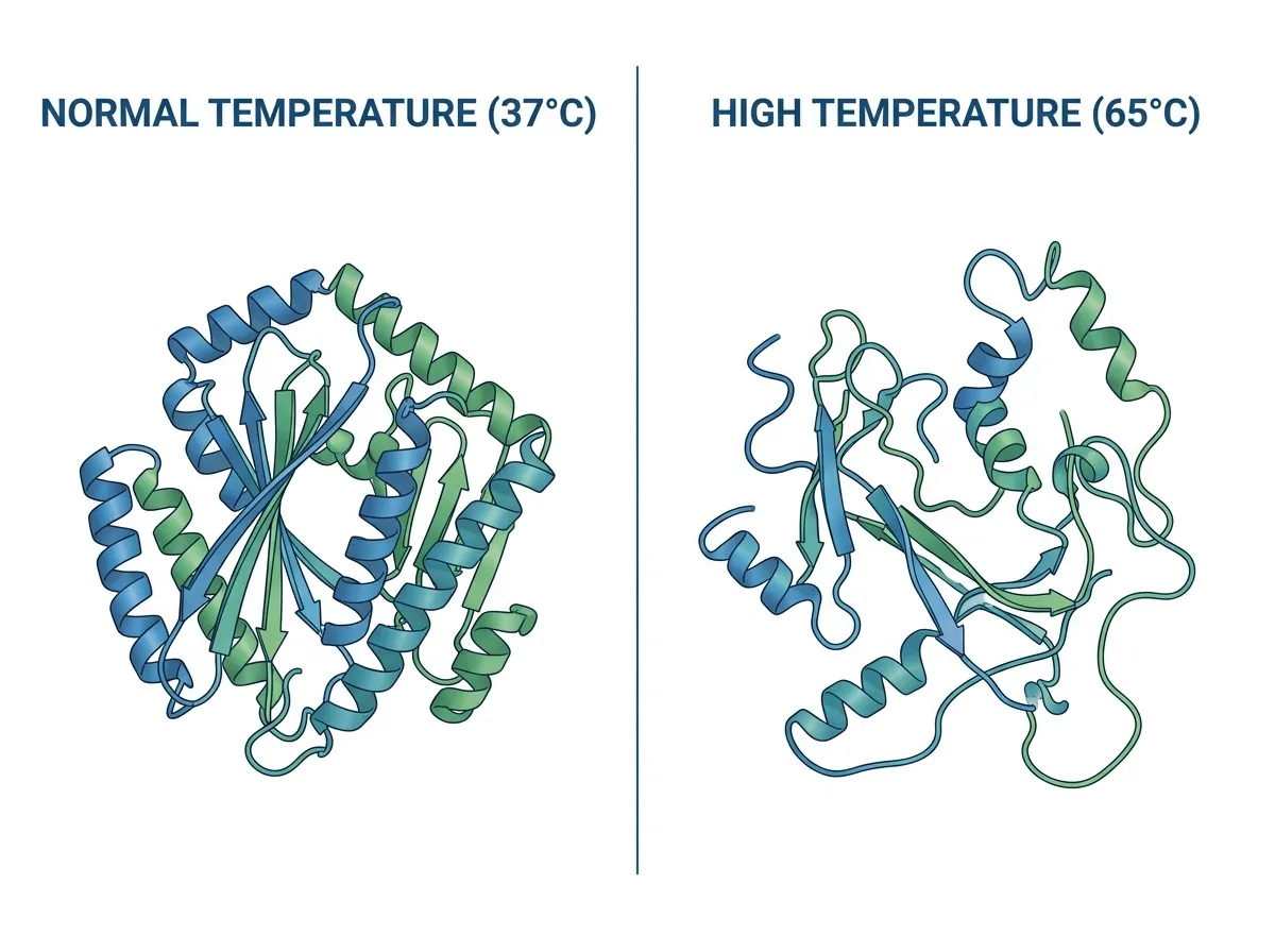 Molecular diagram showing a protein unfolding under heat stress compared to its stable folded structure