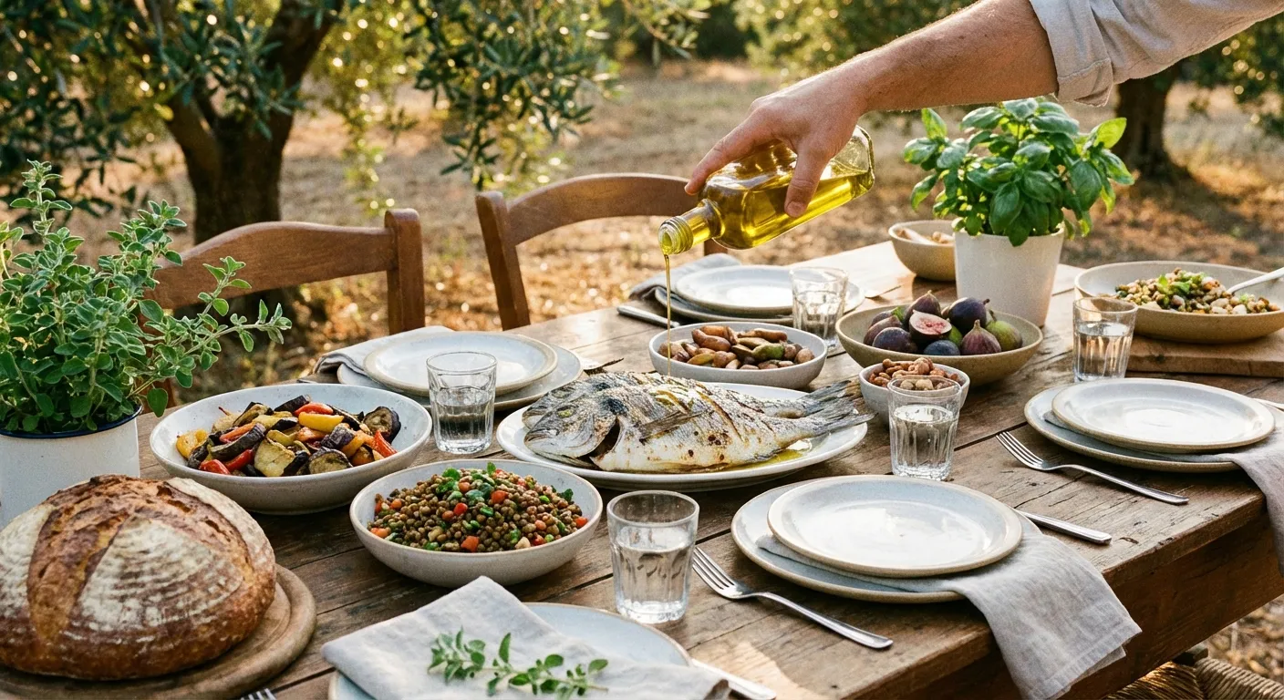 Mediterranean diet meal featuring olive oil, fish, vegetables, and whole grains