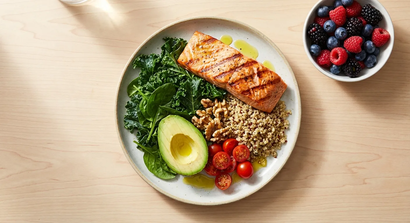 Food photography of a heart-healthy plate with salmon, vegetables, whole grains, and nuts