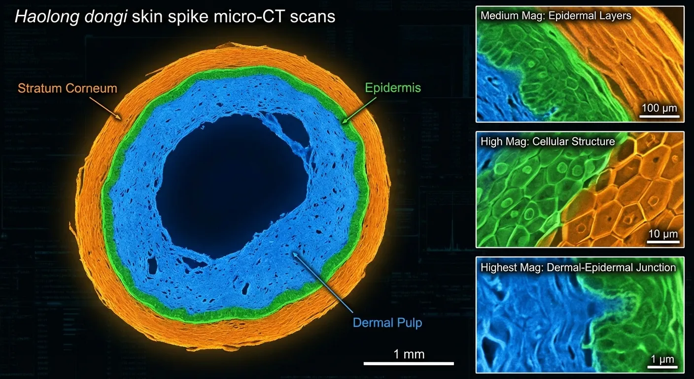 CT scan cross-section of Haolong dongi skin spike showing hollow interior structure