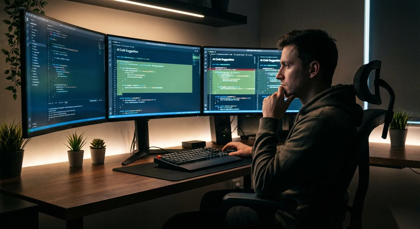 Developer using AI coding assistant with multiple monitors showing code generation