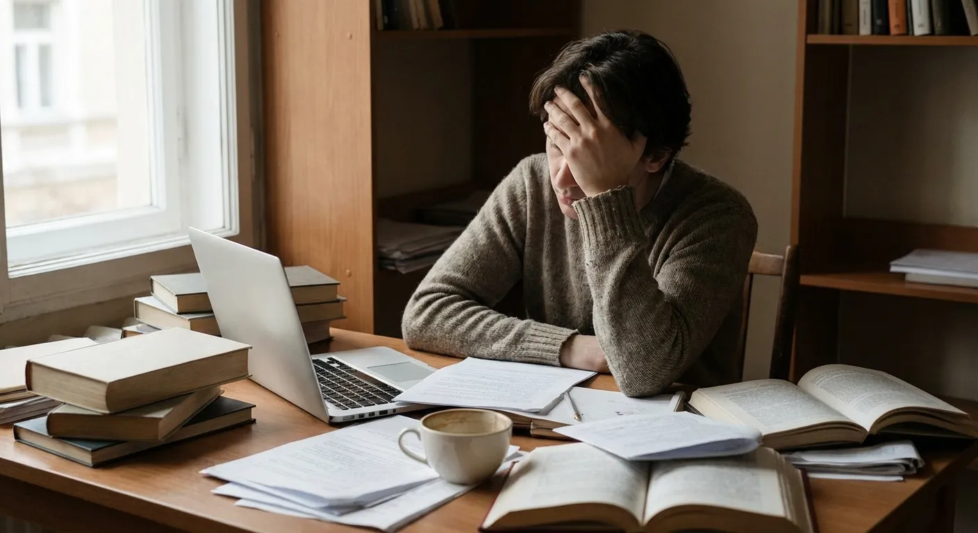 Person at desk with hand on forehead, papers and laptop surrounding them