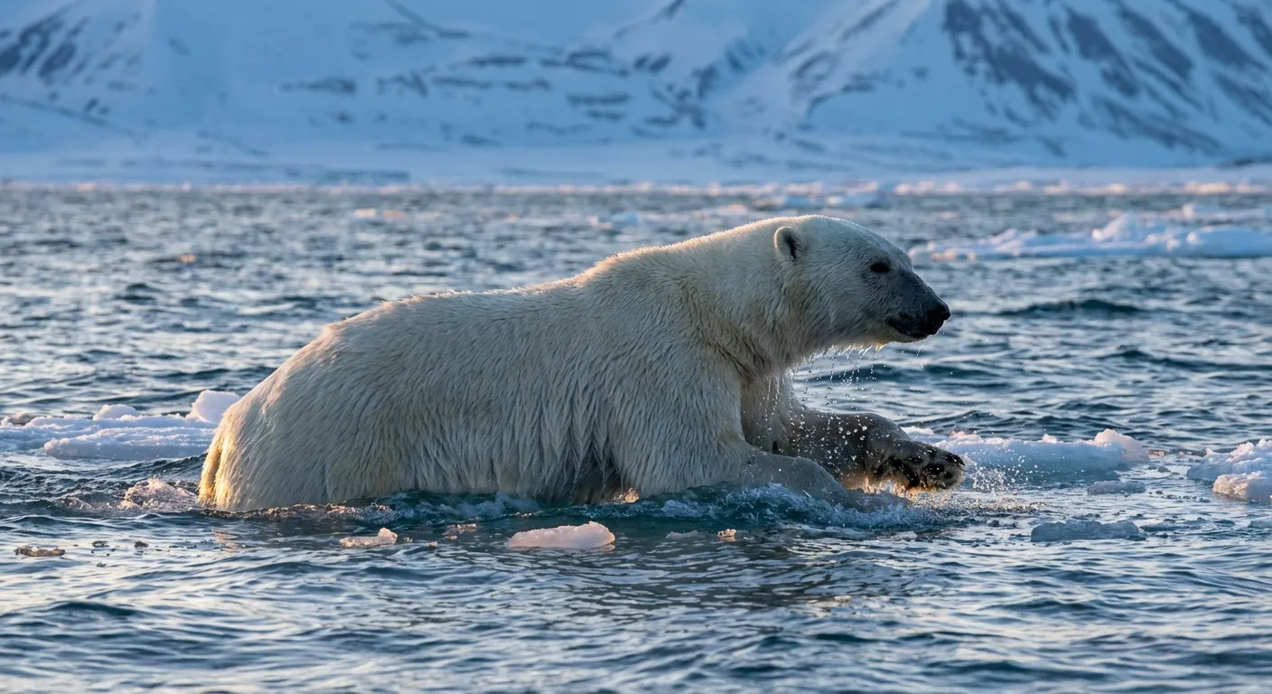 Polar bear swimming in Arctic waters demonstrating water-shedding capabilities