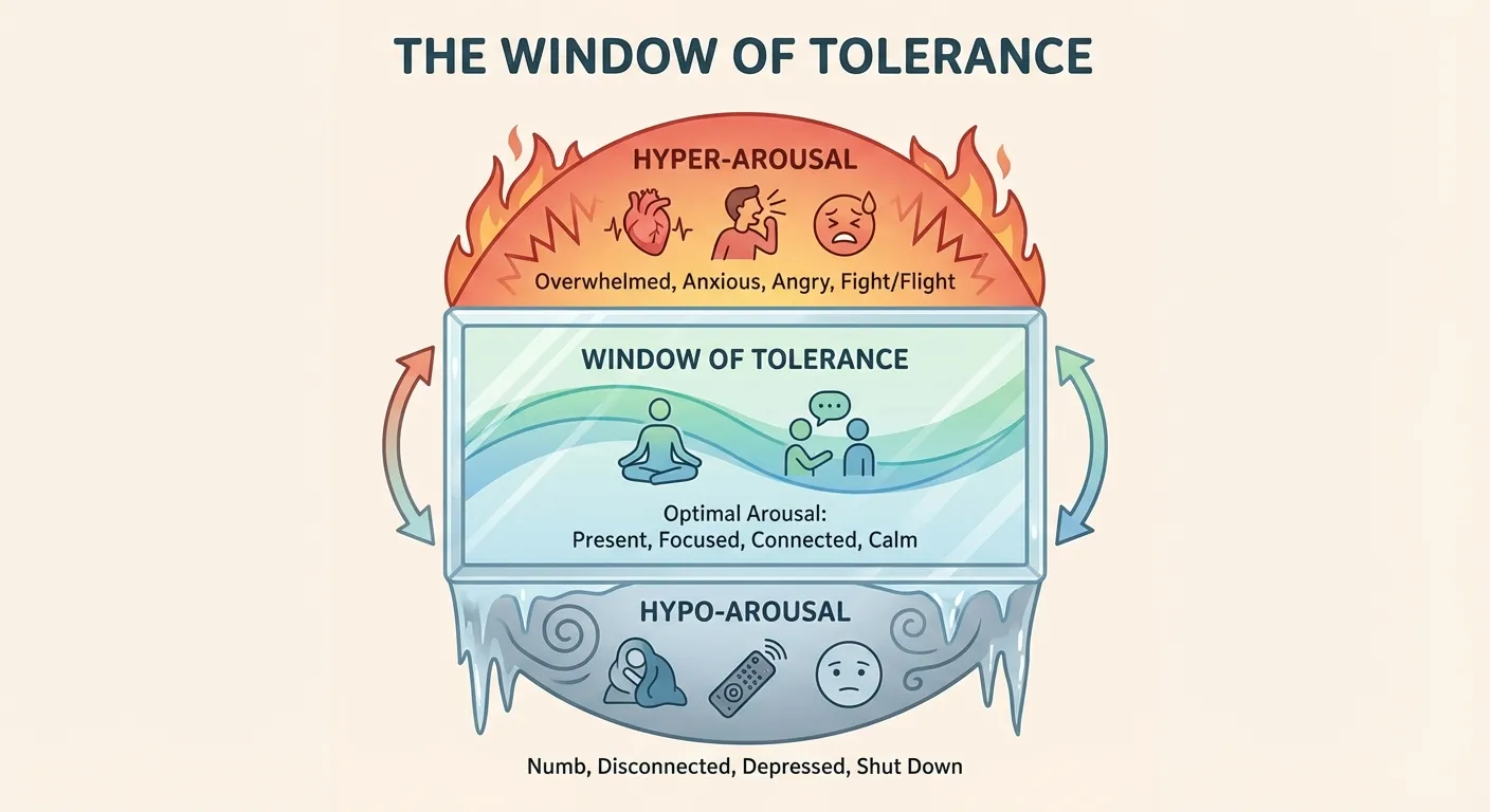 The window of tolerance concept showing optimal arousal zone for trauma-informed exercise