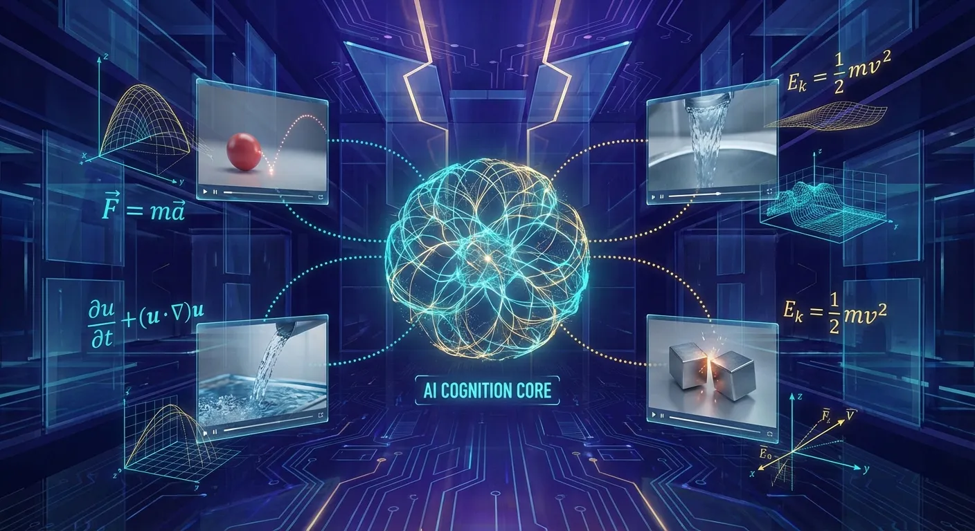 Abstract visualization of an AI system learning physics through video observation