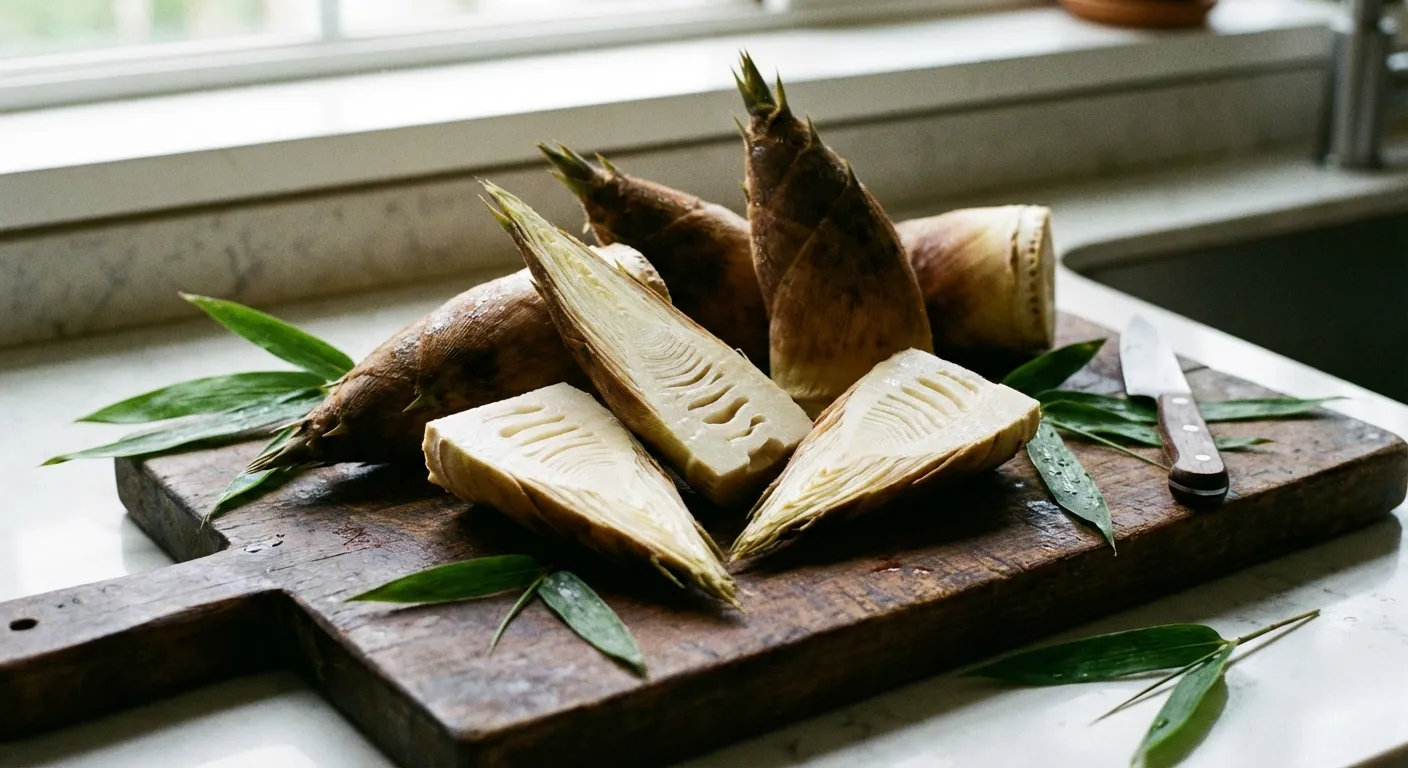 Fresh bamboo shoots sliced on cutting board showing pale interior and fibrous texture