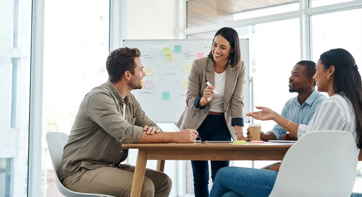 Professional leading a collaborative team meeting with engaged body language and eye contact