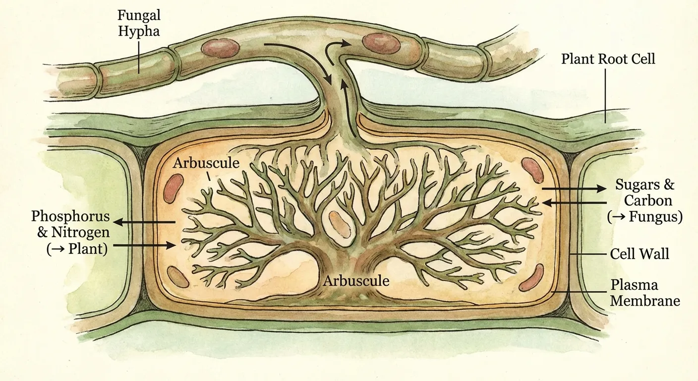 Microscopic view of fungal hyphae connecting to tree root cells