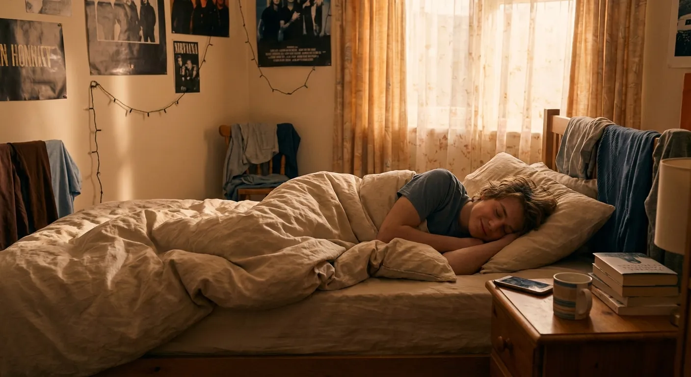 Teenager sleeping peacefully in late morning with soft sunlight through curtains