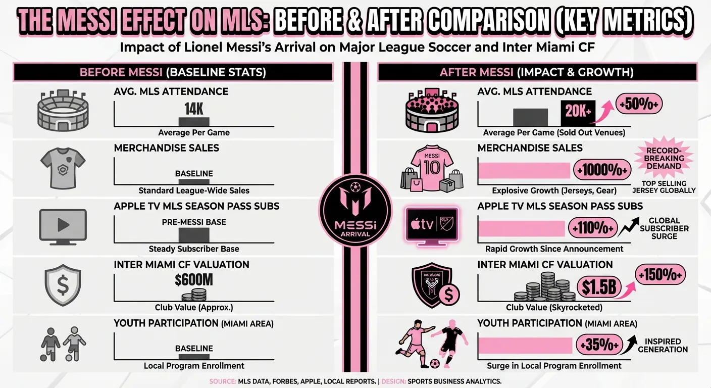 Infographic showing MLS metrics before and after Messi: attendance, merchandise, TV viewership