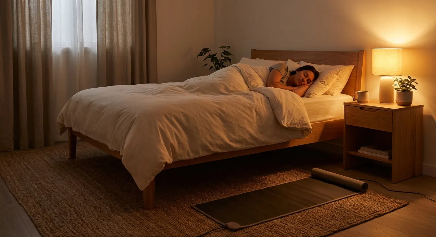 Person sleeping peacefully with grounding mat visible under the sheets
