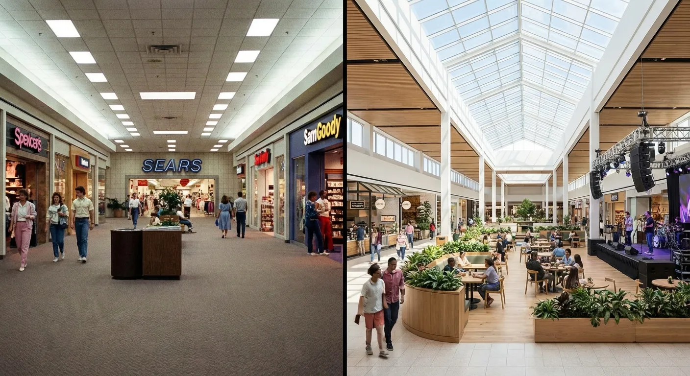 Side by side comparison of traditional 1980s mall versus modern experiential mall design