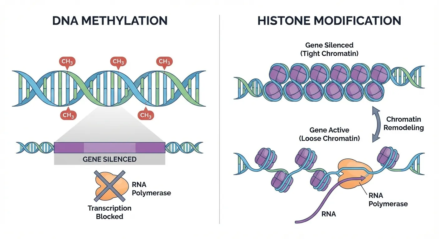 Diagram showing DNA methylation and histone modification affecting gene accessibility